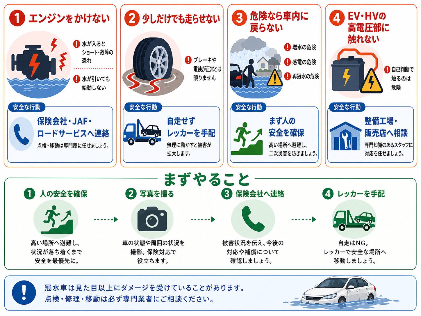 冠水した車でエンジンをかけない、走らせない、車内に戻らない、EV・HVの高電圧部に触れないことを説明する図解