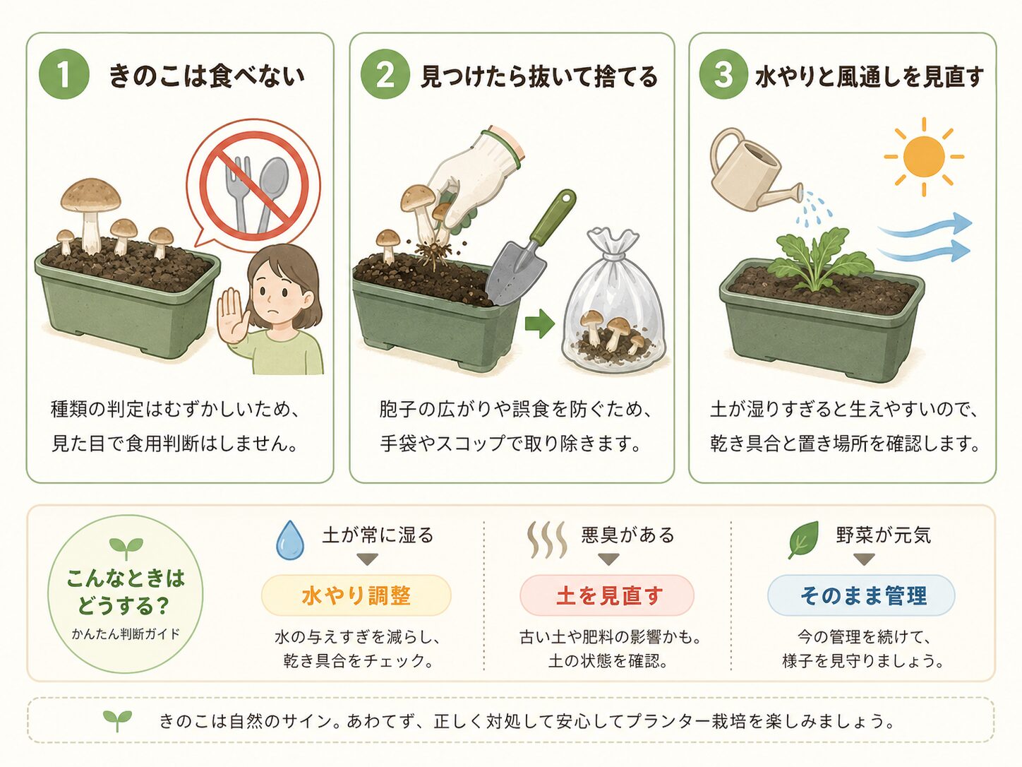 プランターにきのこが生えた時の3つの基本対応