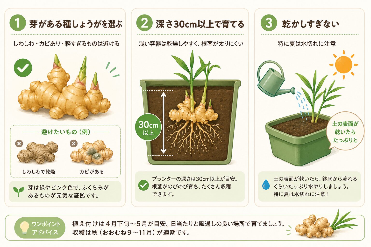 しょうが栽培の成功ルールを示した初心者向けガイド画像