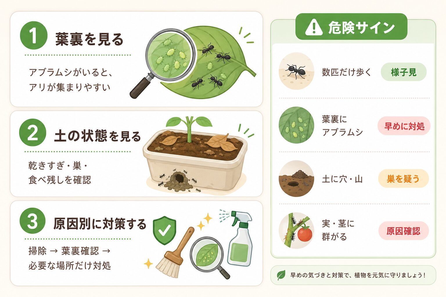 アリ対策の基本手順と危険サインをまとめた図解