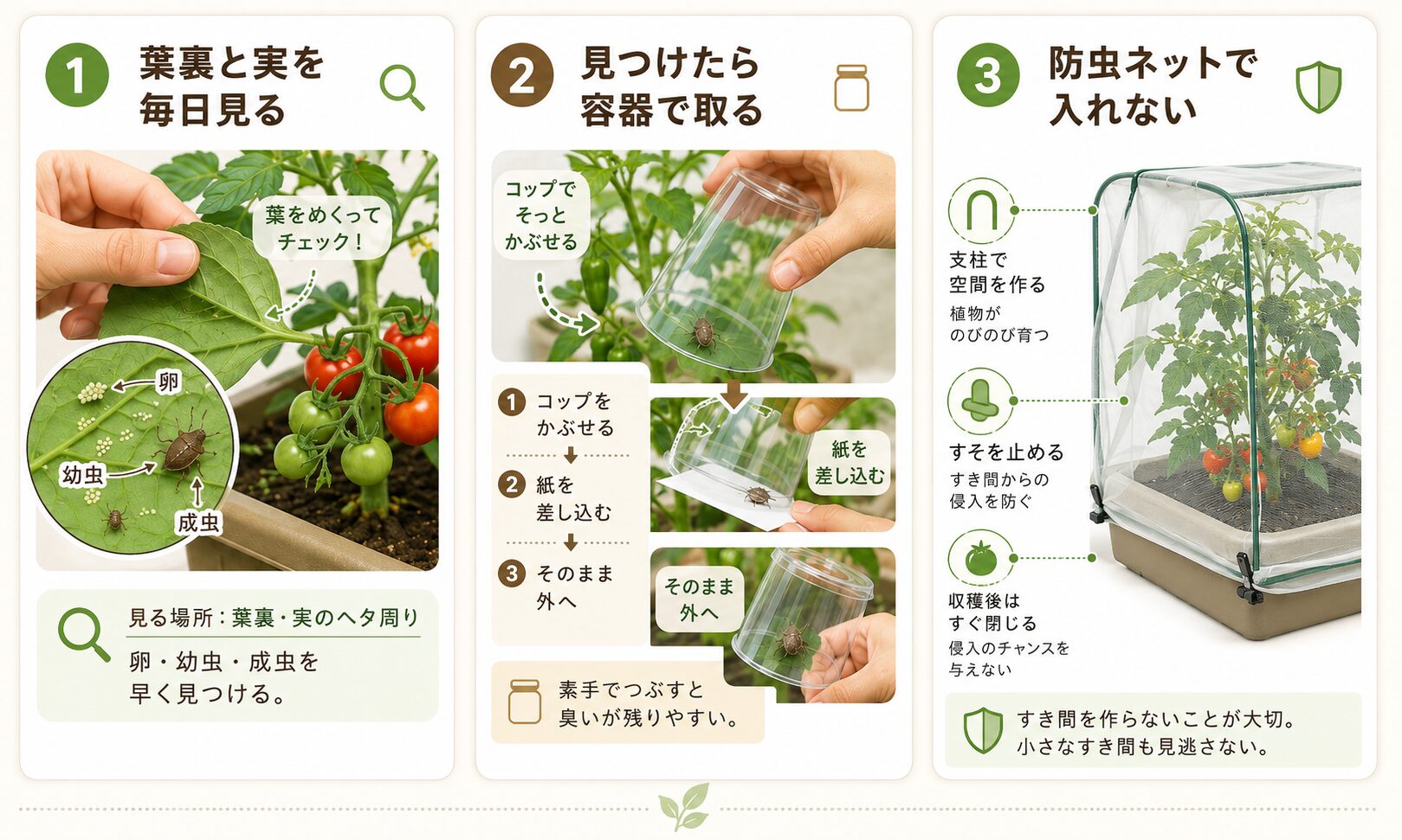 カメムシ対策の基本3ステップ。葉裏と実を見る、容器で取る、防虫ネットで入れない
