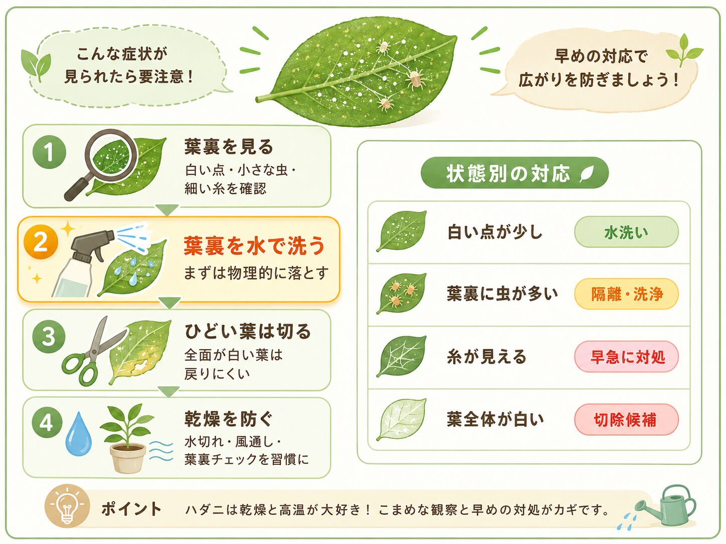 ハダニを見つけた時の初心者向け4ステップ対処法。葉裏確認、水洗い、被害葉の切除、乾燥予防を図解。