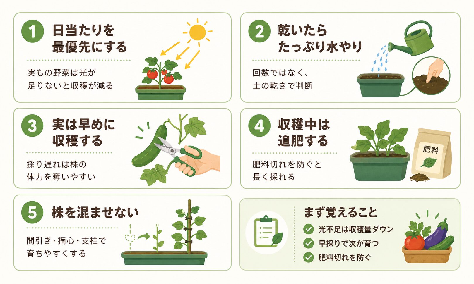 家庭菜園で収穫量を増やす5つの基本。日当たり、水やり、早めの収穫、追肥、株を混ませない管理を初心者向けに図解