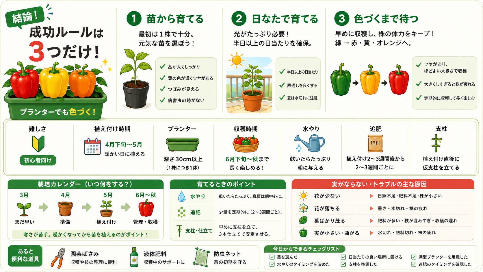 パプリカのプランター栽培で成功する3つのルールをまとめた図解