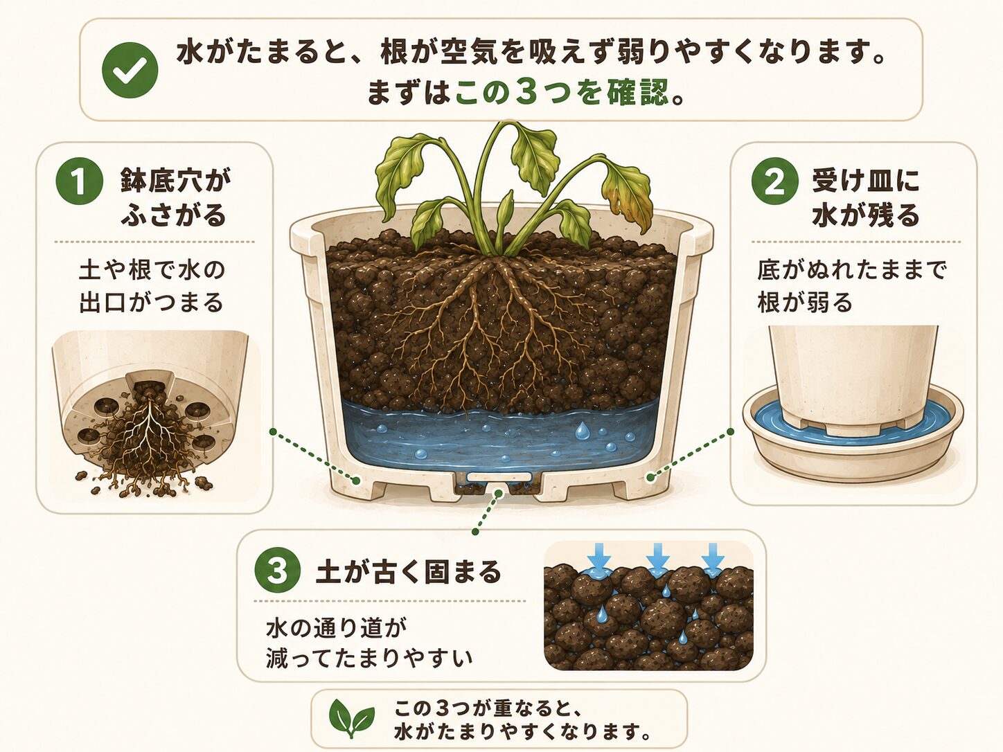 プランターに水がたまる3つの原因を示す図解。鉢底穴の詰まり、受け皿の水、古い土の固まりを説明