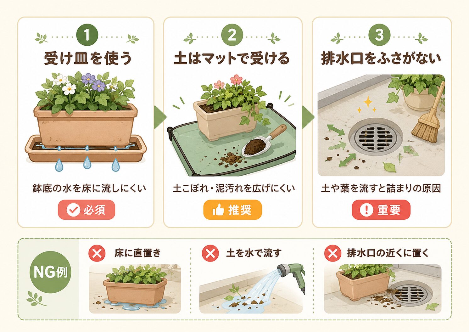 ベランダ菜園の水漏れと土こぼれ対策の基本3つを説明した図解