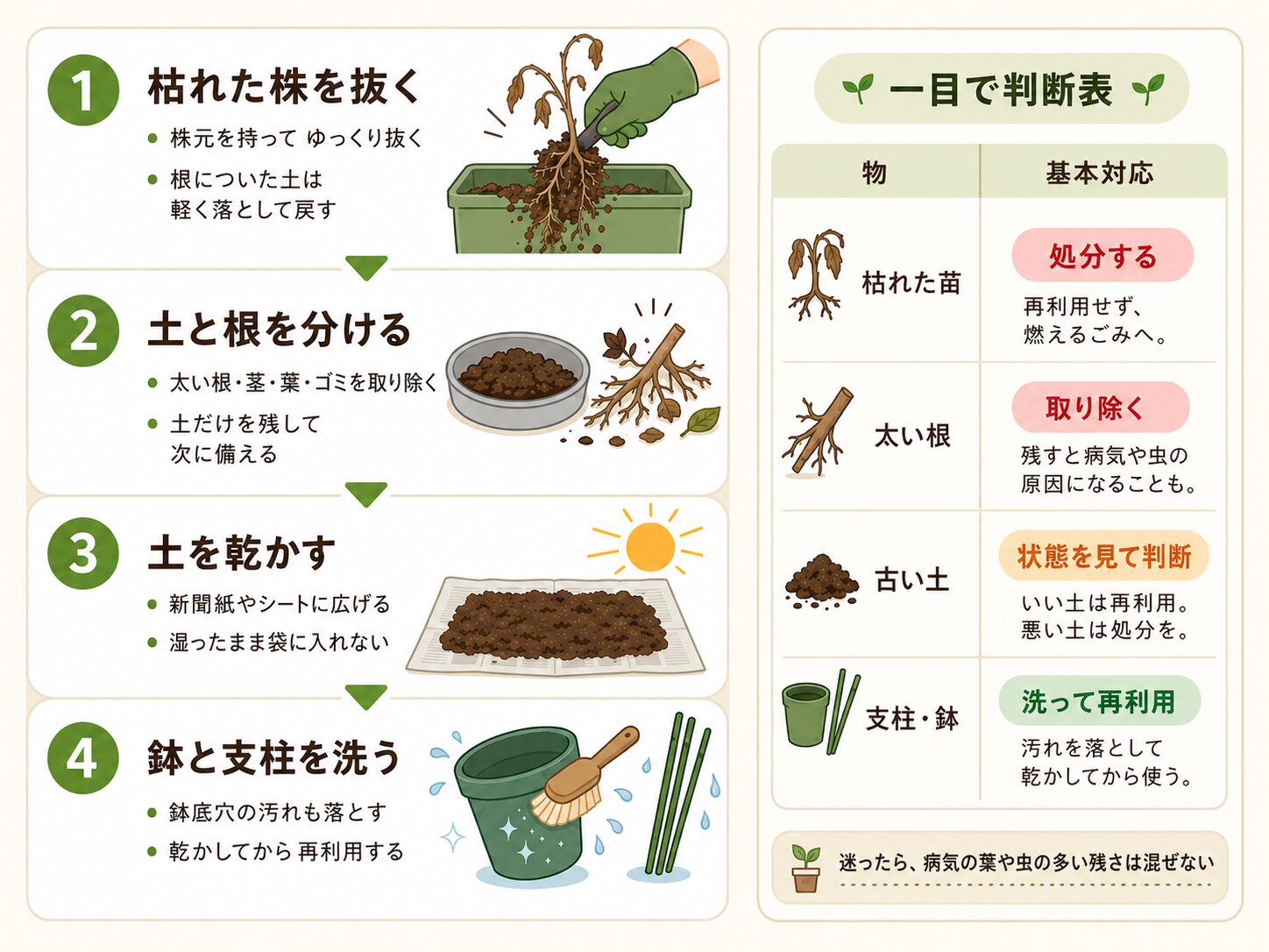 収穫後の家庭菜園の片付け手順を4ステップで示した図解