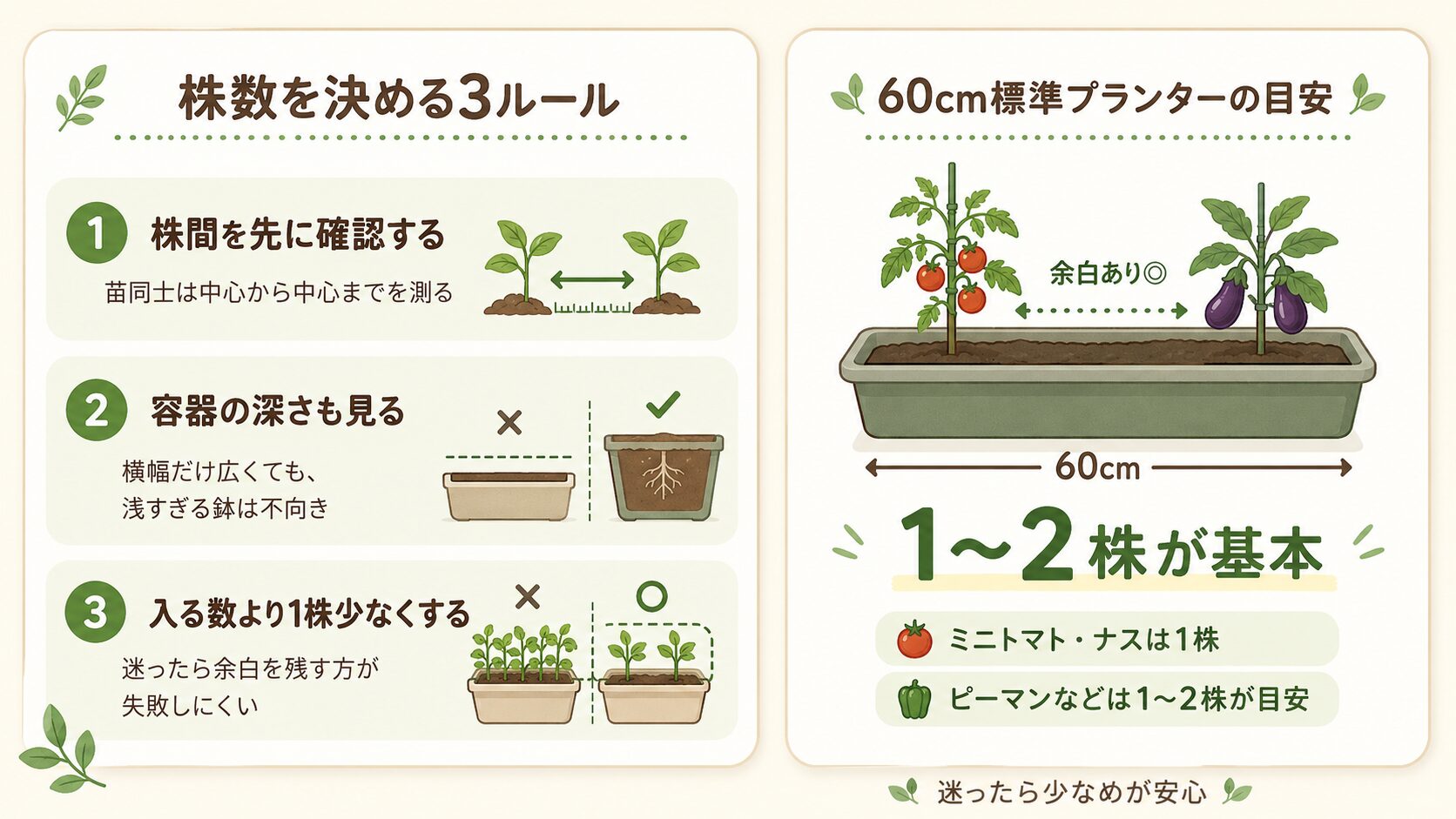 プランターに植える株数を決める3つのルールと60cm標準プランターの適正株数