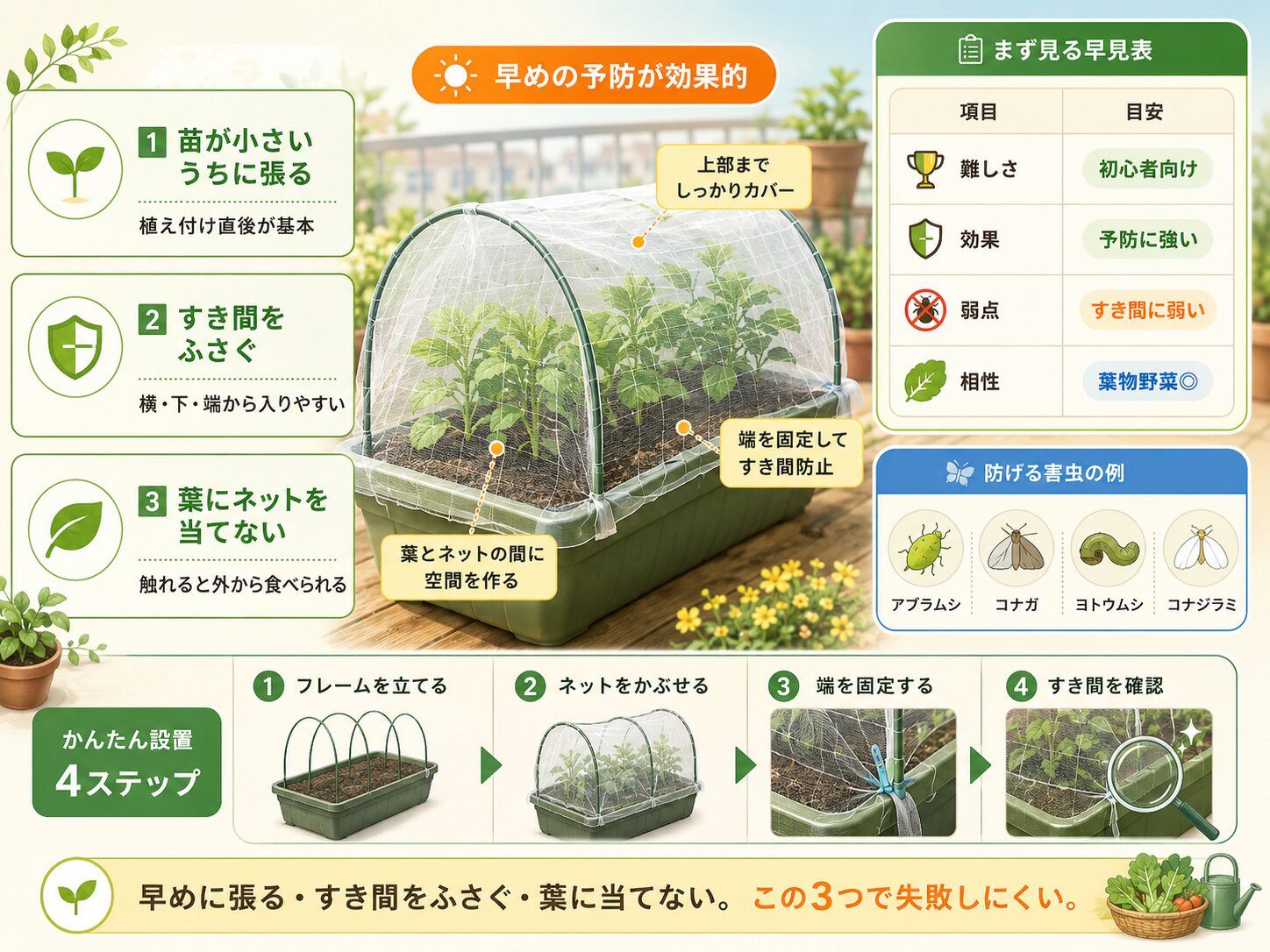 防虫ネットで失敗しない3つの基本を示した図解