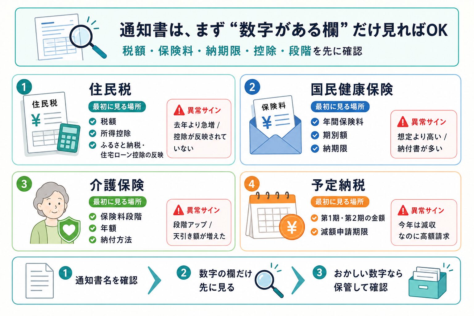 通知書ごとに最初に見るべき場所と確認ポイントをまとめた図解
