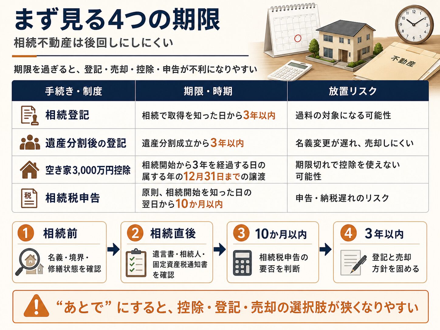 相続登記、遺産分割後の登記、空き家3000万円控除、相続税申告の期限をまとめた図解