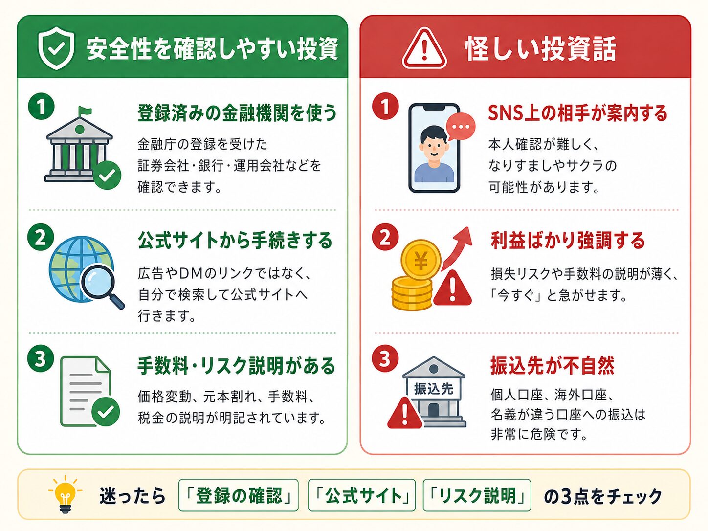 安全性を確認しやすい投資と怪しい投資話の違いを比較した図