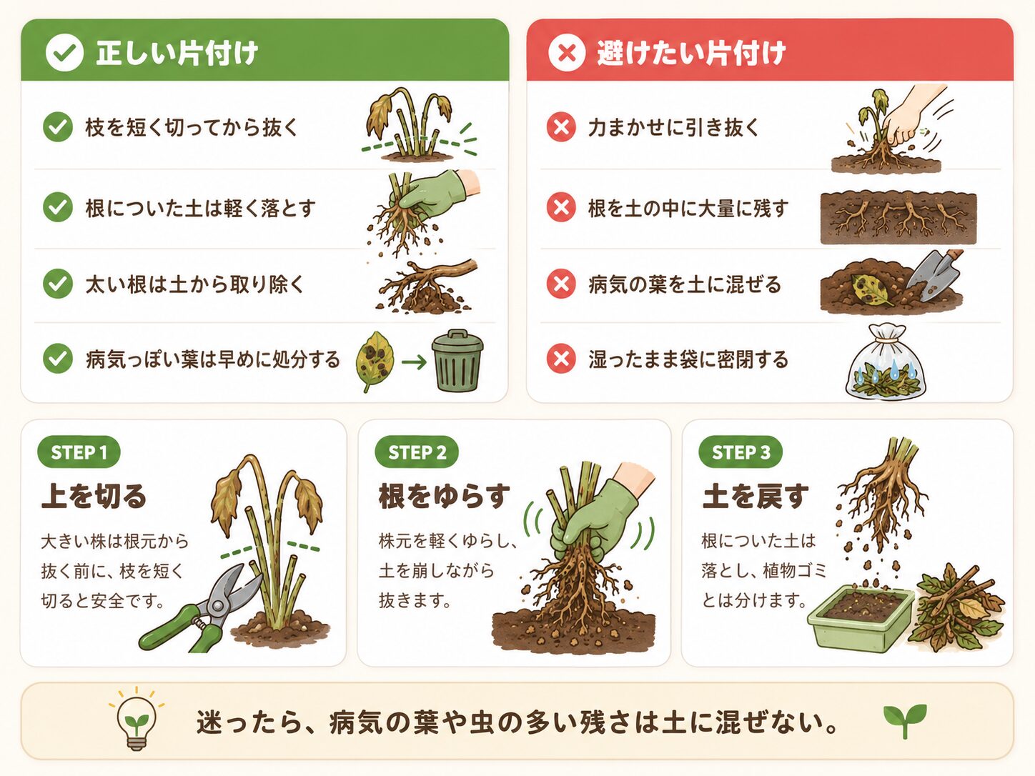 枯れた苗と根の正しい抜き方と避けたい片付け方を示した図解