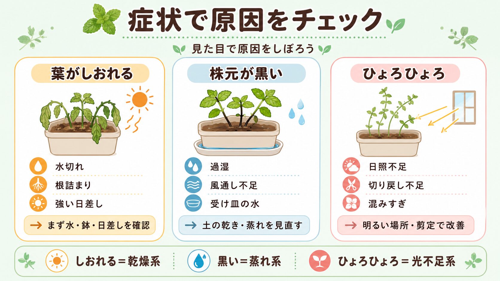 ミントが枯れる原因を症状別に確認できる図解