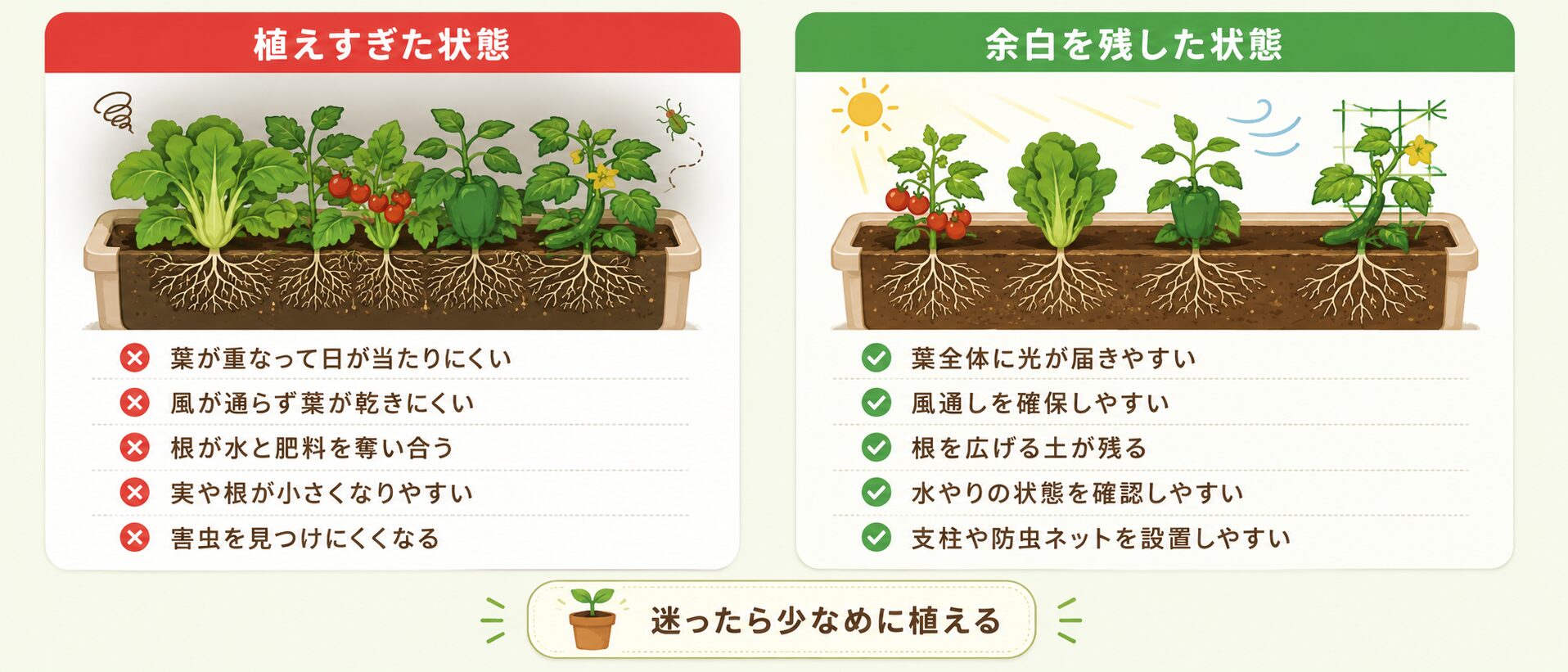 植えすぎたプランターと適切な余白を残したプランターの比較