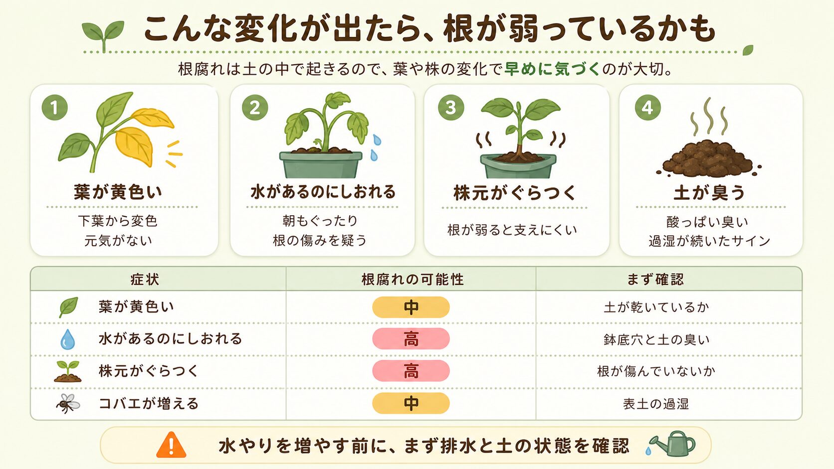 根腐れのサインを示す図解。葉が黄色い、水があるのにしおれる、株元がぐらつく、土が臭う症状を説明
