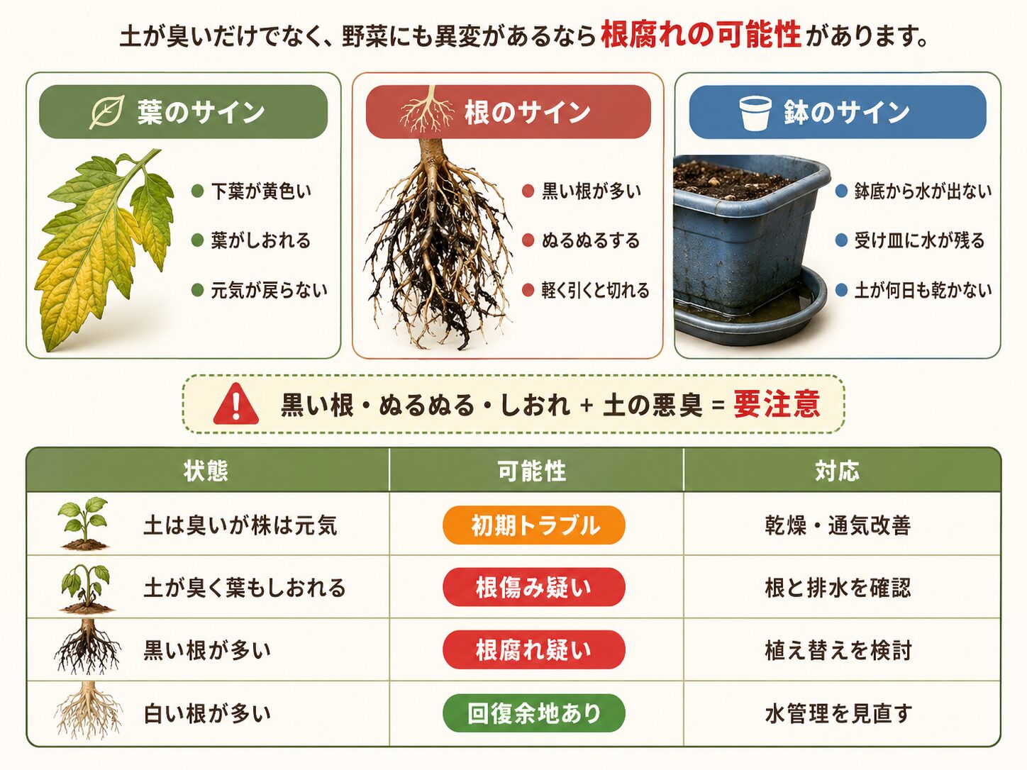 葉、根、鉢の状態から根腐れを確認する診断ガイド
