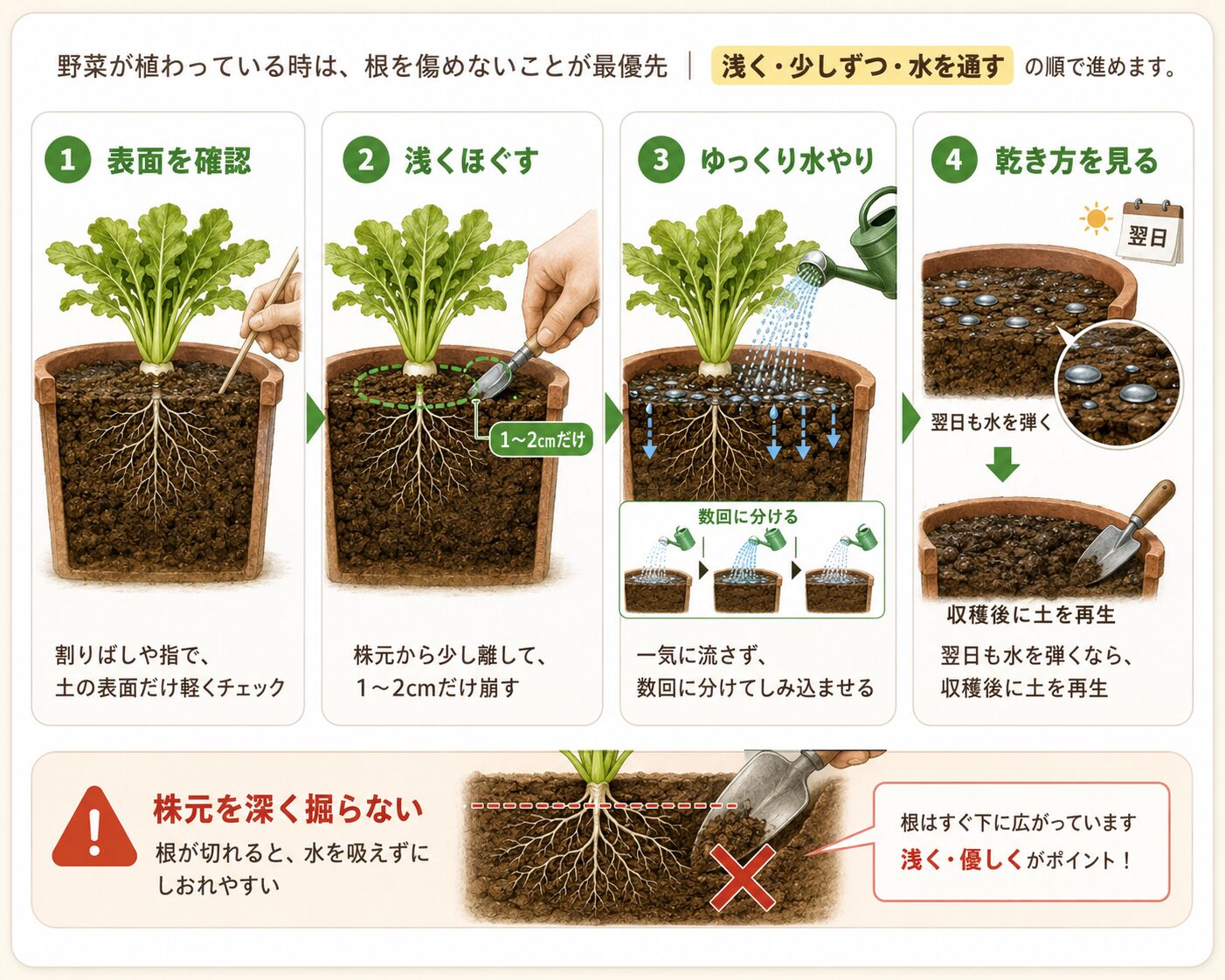 野菜を抜かずに固い土を応急処置する手順の図解