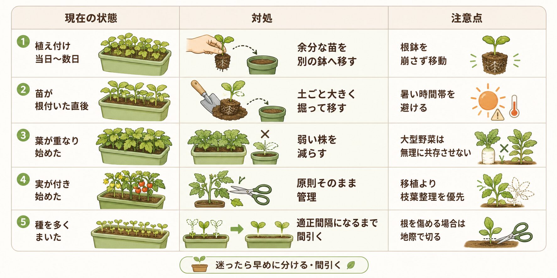 植え付け直後から実が付いた後までの植えすぎ対処法
