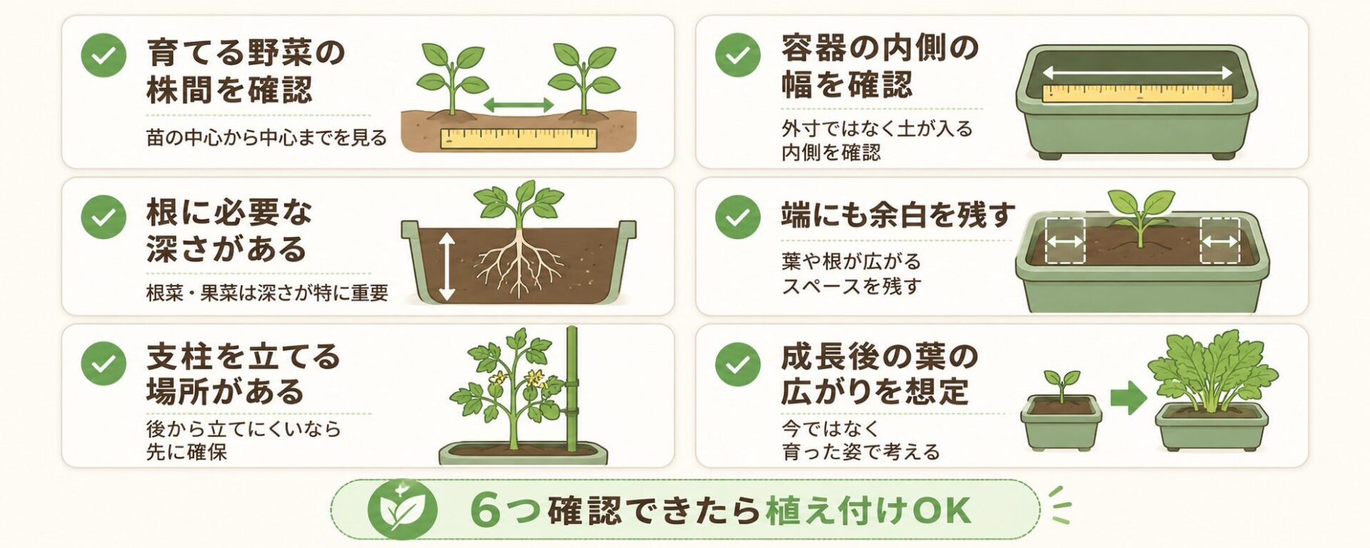 株間、容器の内側幅、深さ、端の余白、支柱、成長後の葉を確認するチェックリスト
