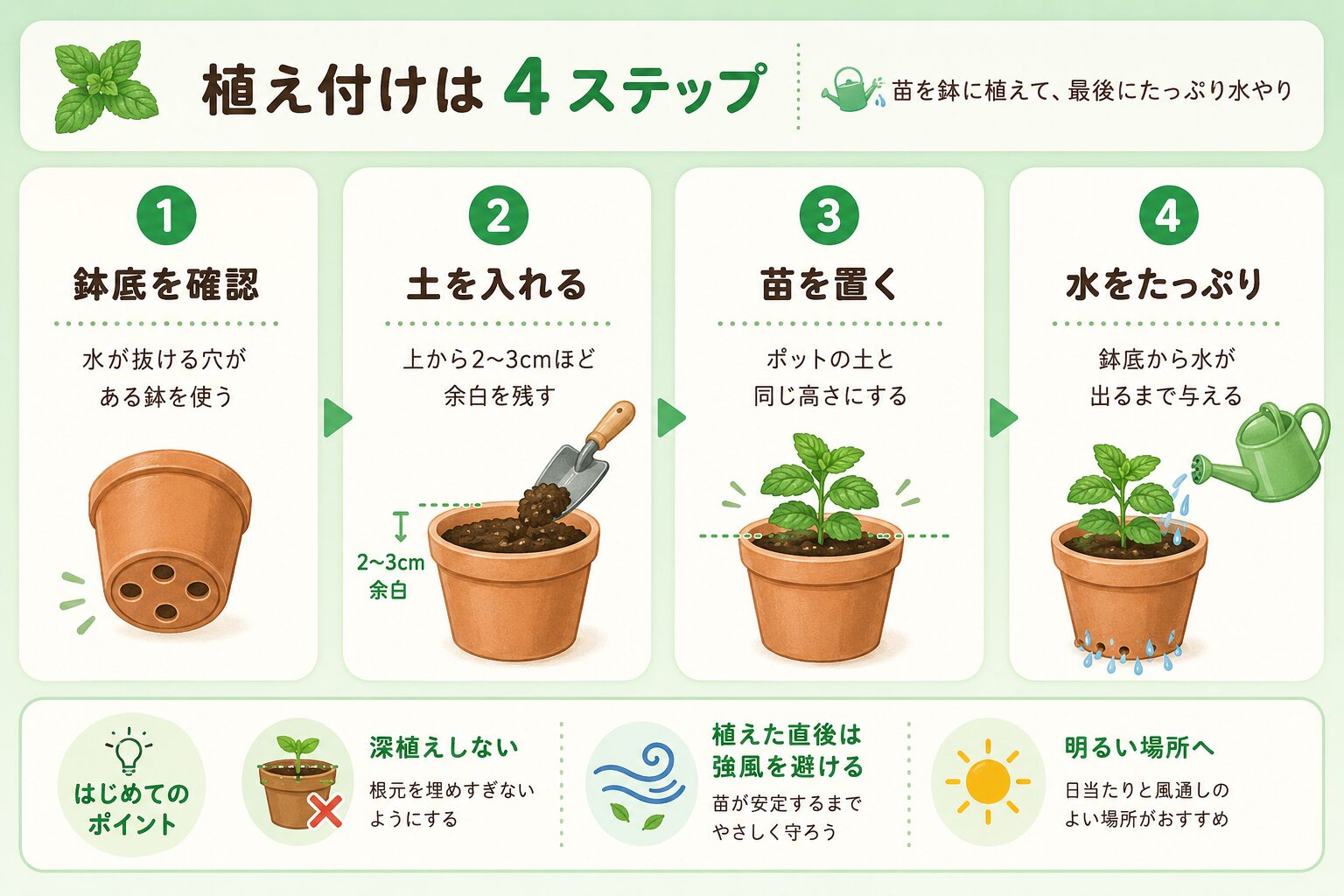 ミント苗の植え付け手順を4ステップで解説した図解