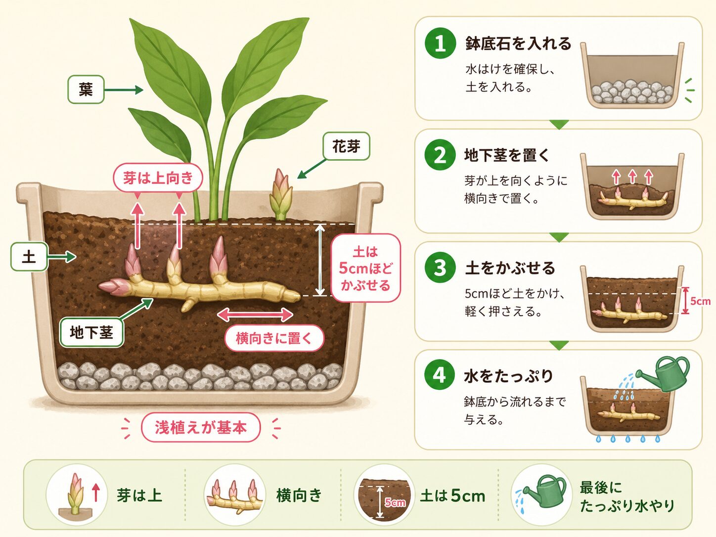ミョウガの地下茎の植え付け方を示した図解