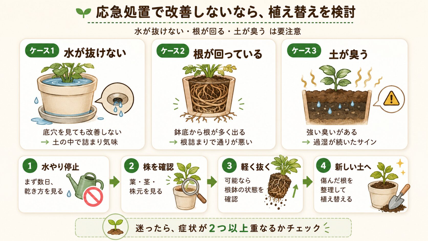 植え替えが必要なケースを示す図解。水が抜けない、根が回っている、土が臭う場合の確認手順