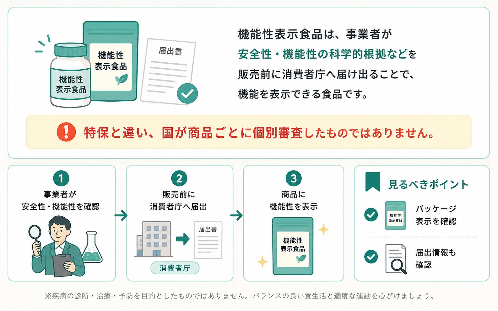 機能性表示食品の仕組みを事業者の確認、消費者庁への届出、商品表示の流れで説明した図解