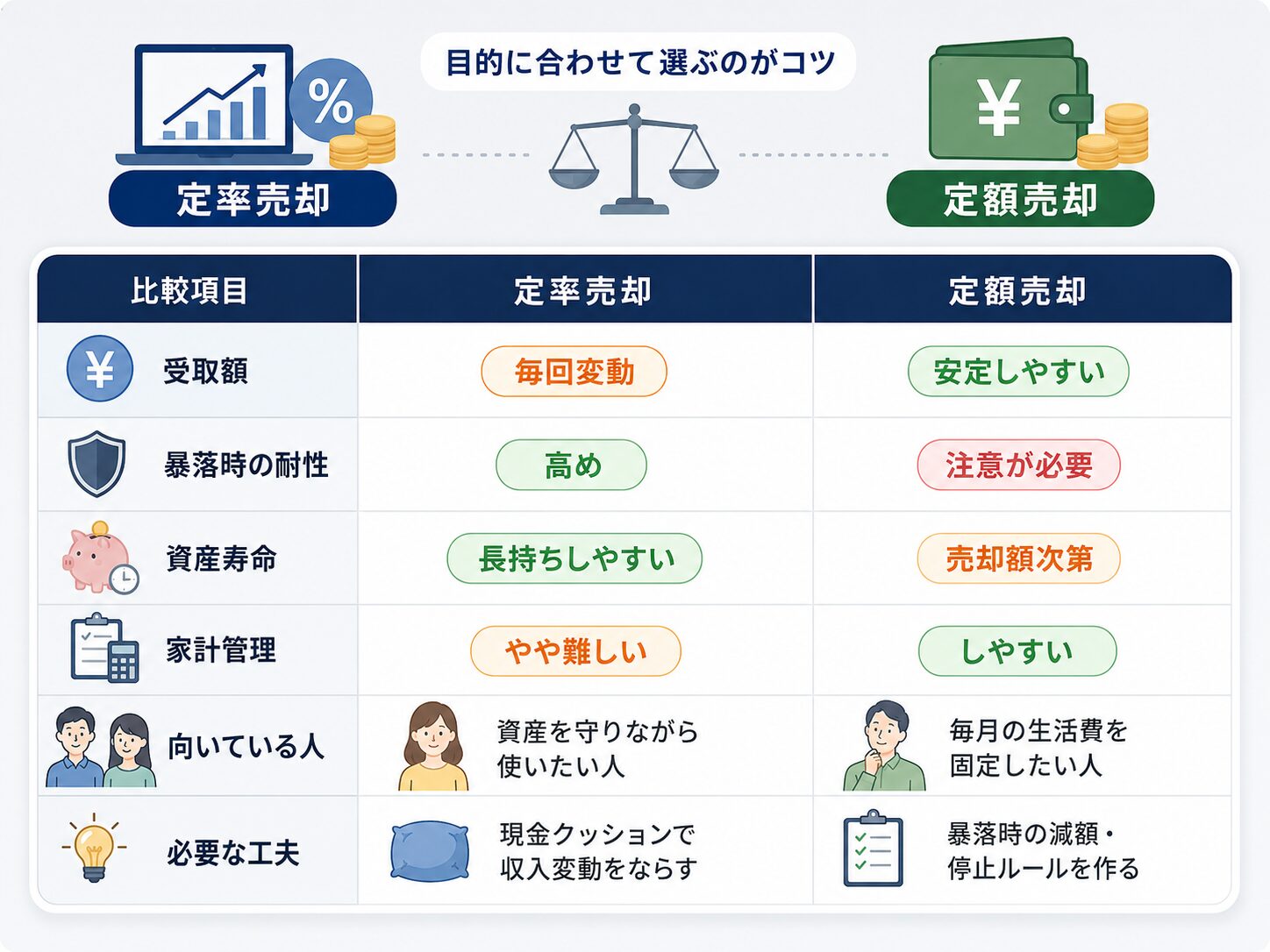 定率売却と定額売却の向き不向きを比較した表