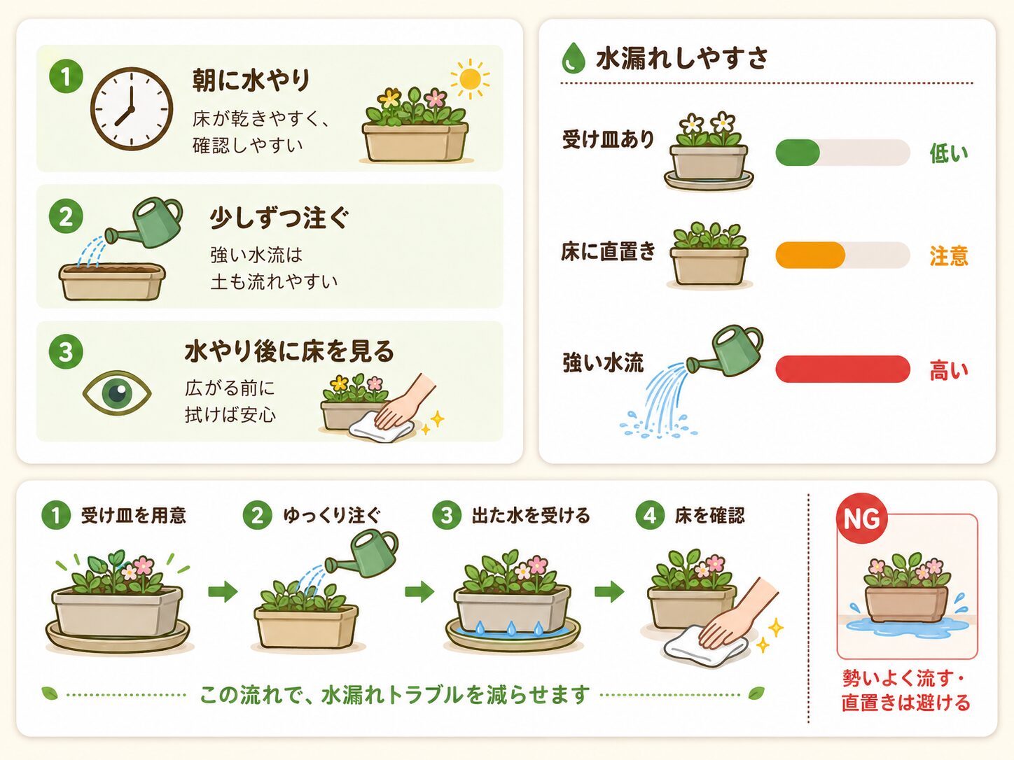 ベランダ菜園で水漏れさせない水やり方法を説明した図解
