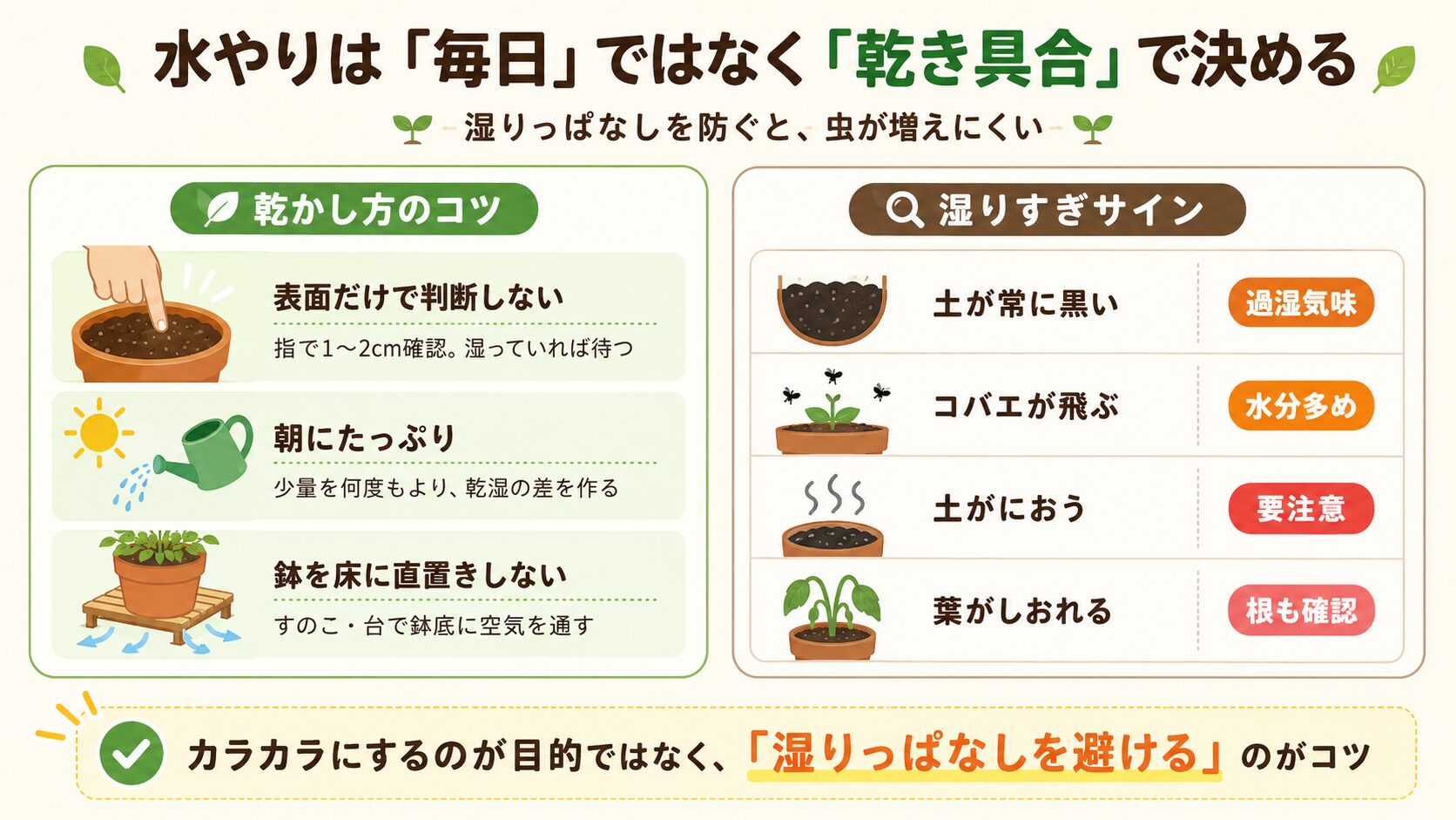 虫を増やさないための水やりの見直し方と湿りすぎサイン