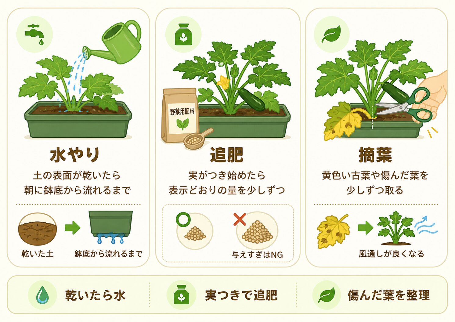 ズッキーニの日常管理。水やり、追肥、摘葉のタイミングと方法