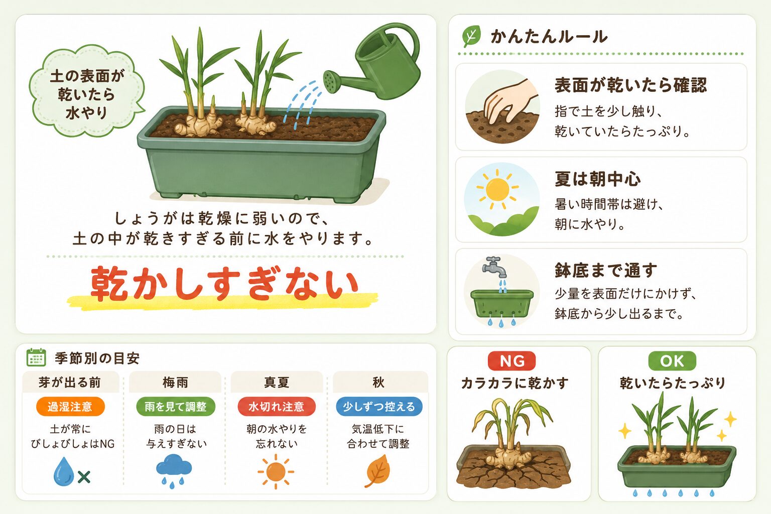 しょうがの水やり方法と季節別の目安をまとめた画像