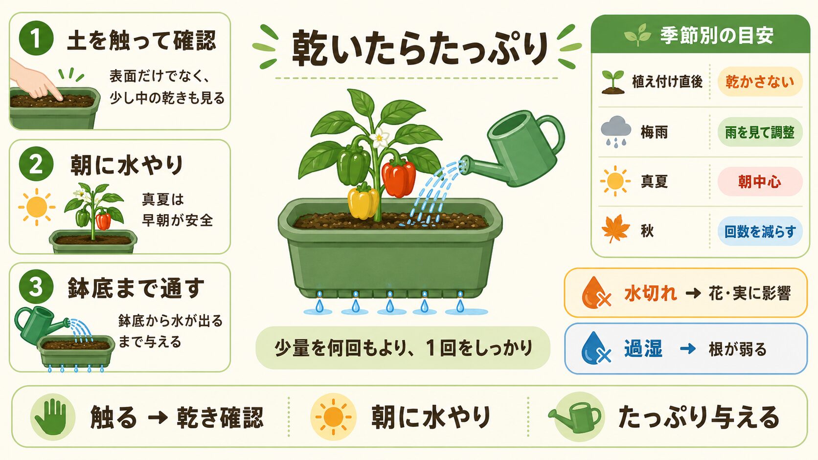 パプリカの水やり方法と季節別の目安をまとめた図解