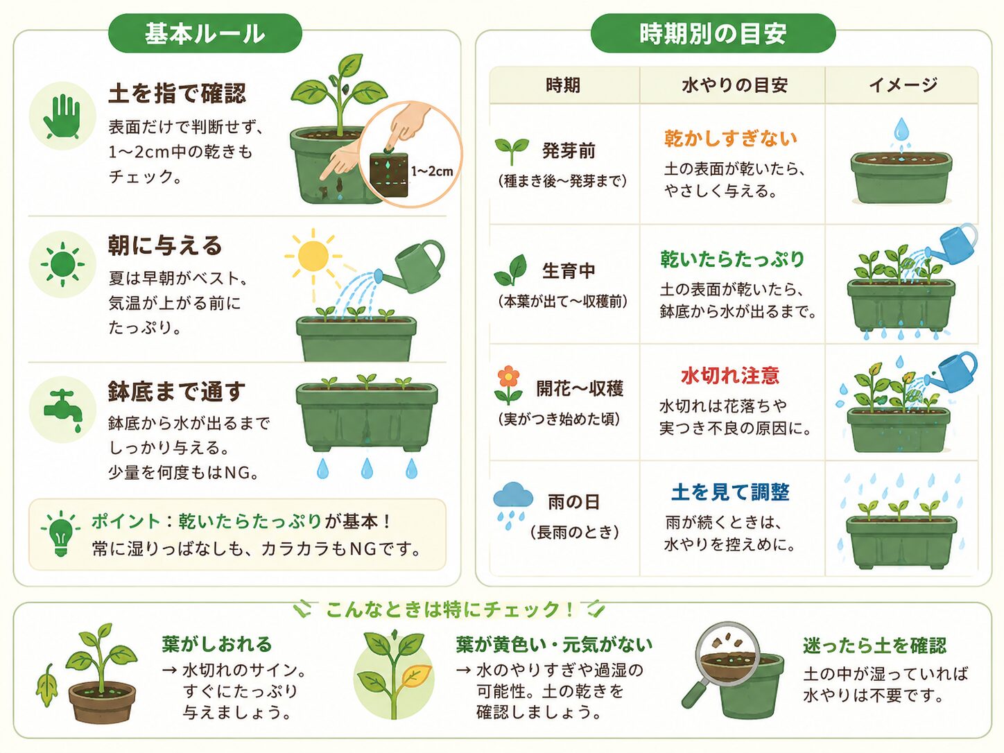 つるなしインゲンの水やり方法と時期別の目安を解説した図解
