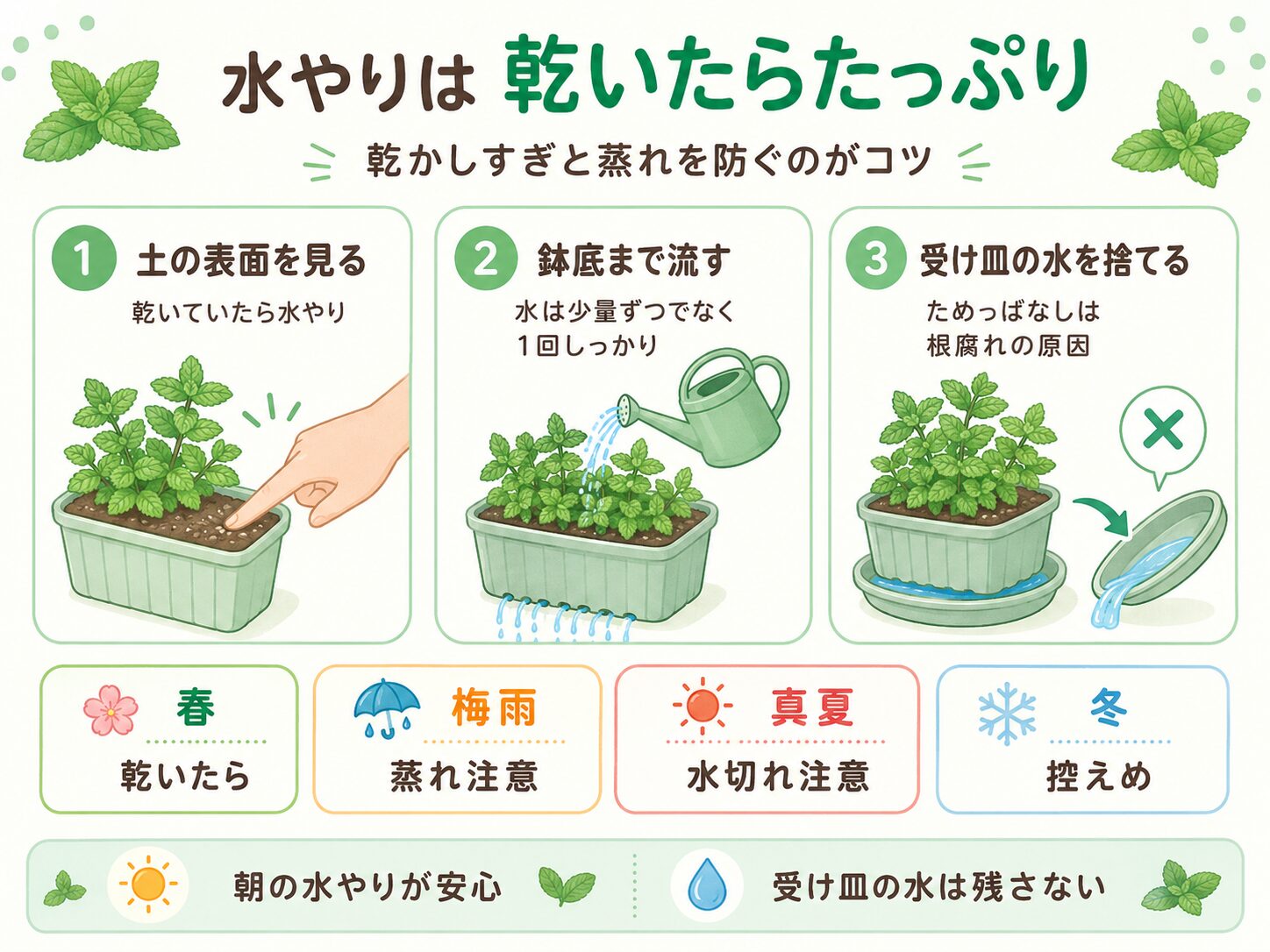 ミントの水やり方法と季節別の注意点を解説した図解