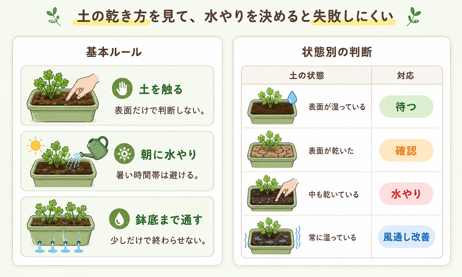 パクチーの水やりの基本と土の状態別の判断をまとめた図解