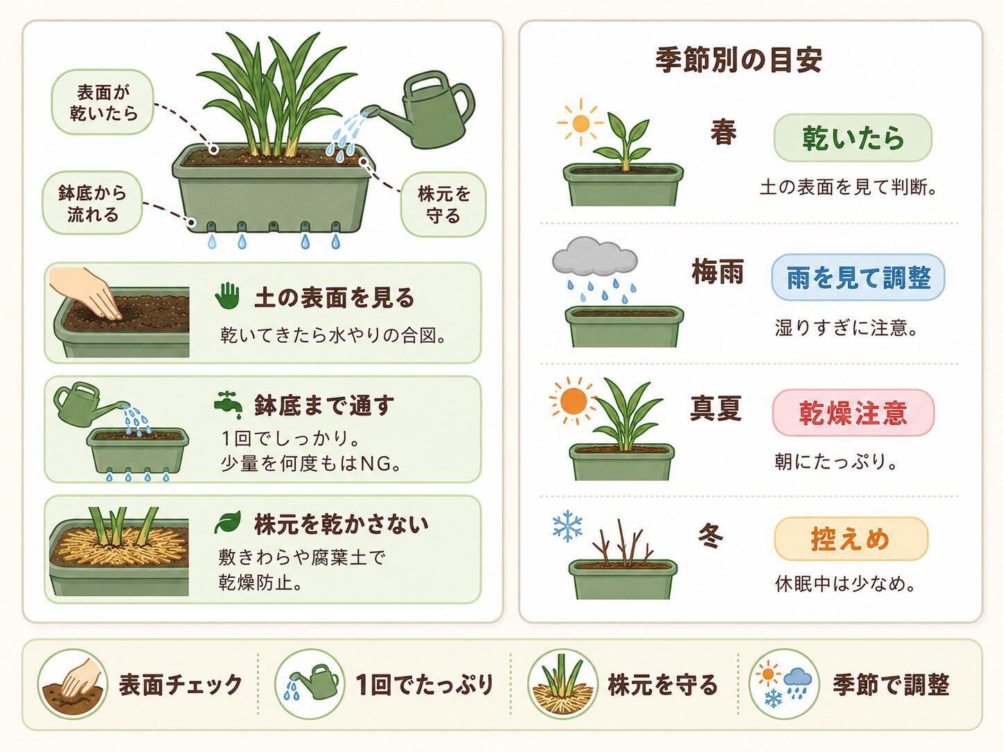 ミョウガの水やり方法と季節別の目安をまとめた図解