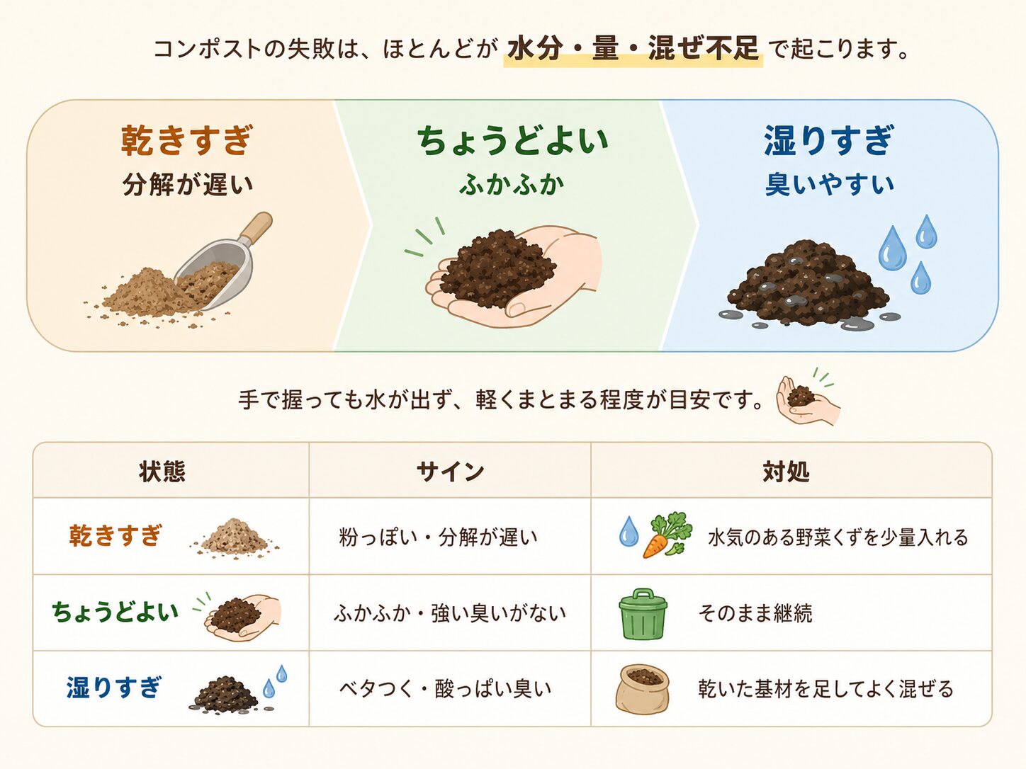 コンポストの乾きすぎ、ちょうどよい、湿りすぎの見分け方と対処法を説明した図解