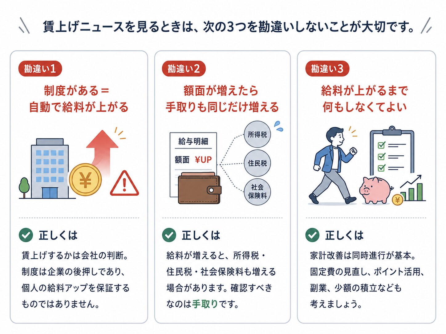 賃上げニュースで勘違いしやすい3つのポイントを説明する図解
