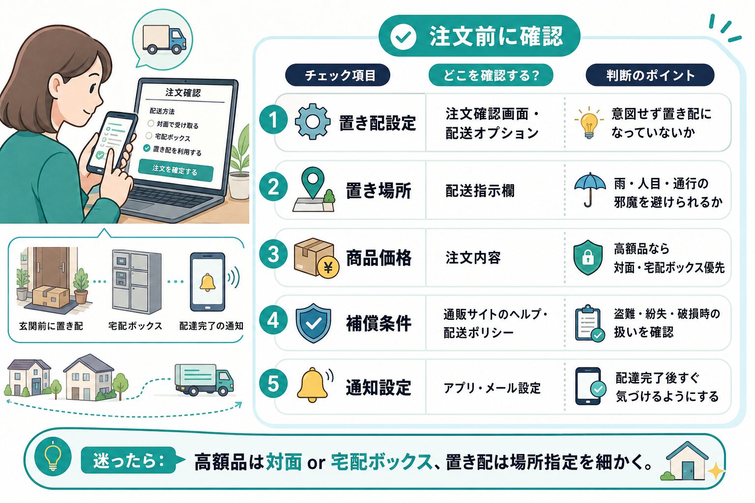 置き配設定、置き場所、商品価格、補償条件、通知設定の注文前チェックリストを説明する図