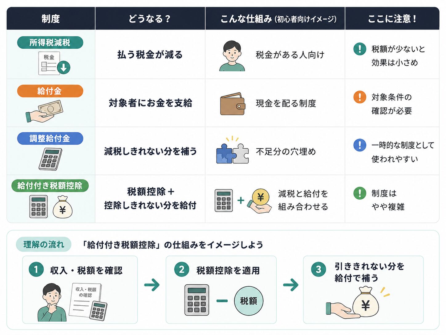 所得税減税、給付金、調整給付金、給付付き税額控除の違いを比較した図解
