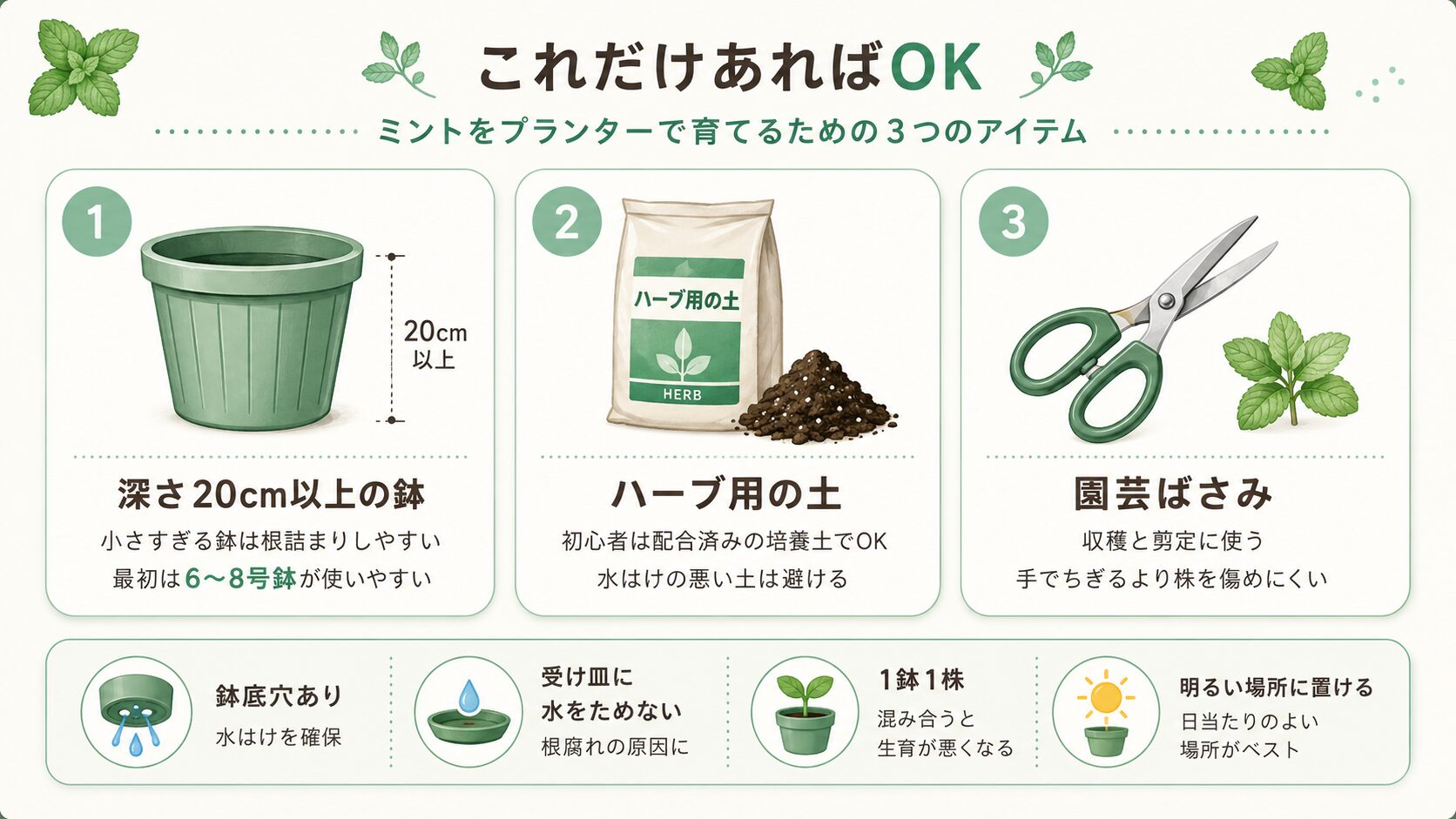 ミントのプランター栽培に必要な鉢・土・園芸ばさみの図解