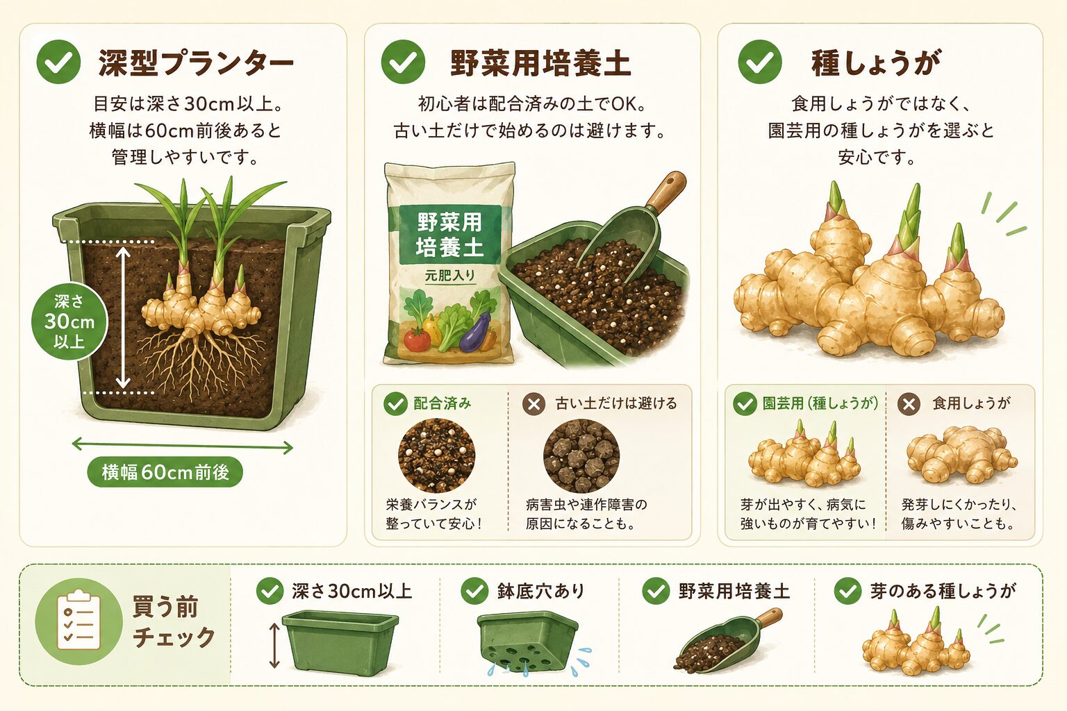 しょうがのプランター栽培に必要なものをまとめたチェックリスト画像