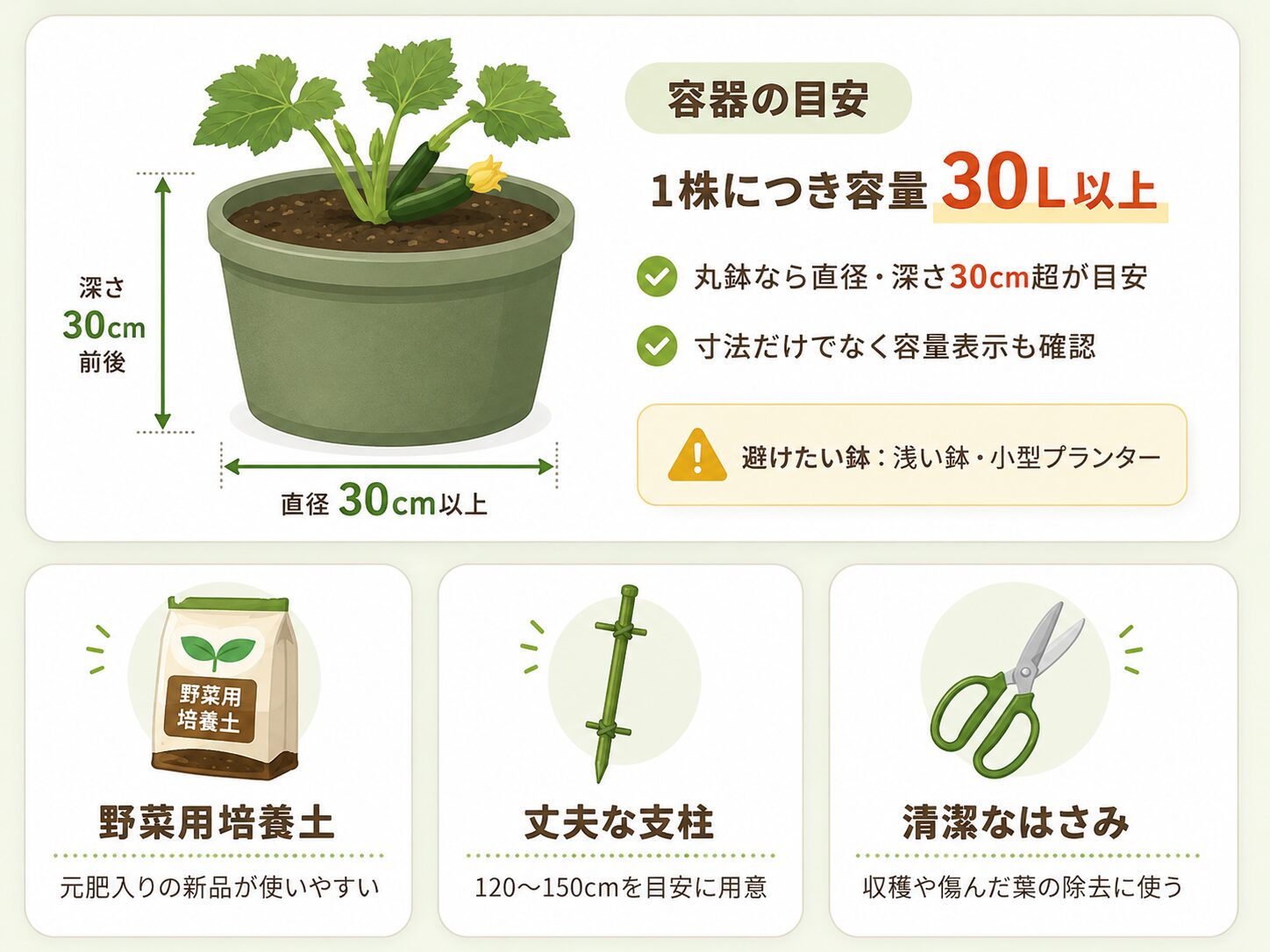 ズッキーニ栽培に必要な大型鉢、野菜用培養土、支柱、園芸ばさみの選び方