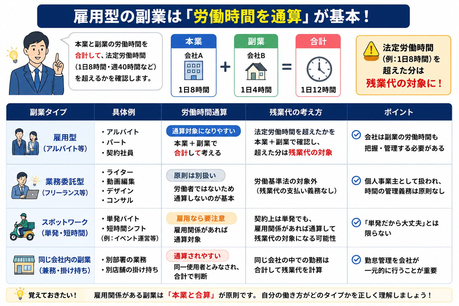 雇用型副業は本業と副業の労働時間を通算して考えることを示した図解