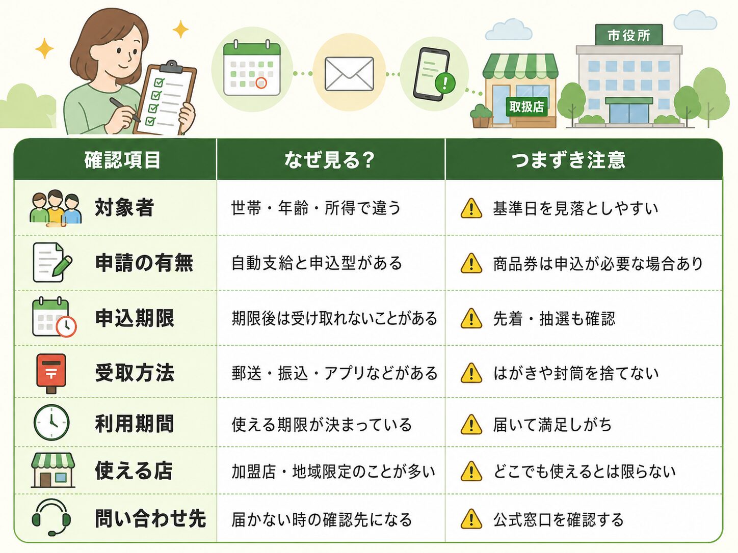 申請漏れを防ぐために対象者、申請期限、受取方法、利用期間などを確認するチェック表
