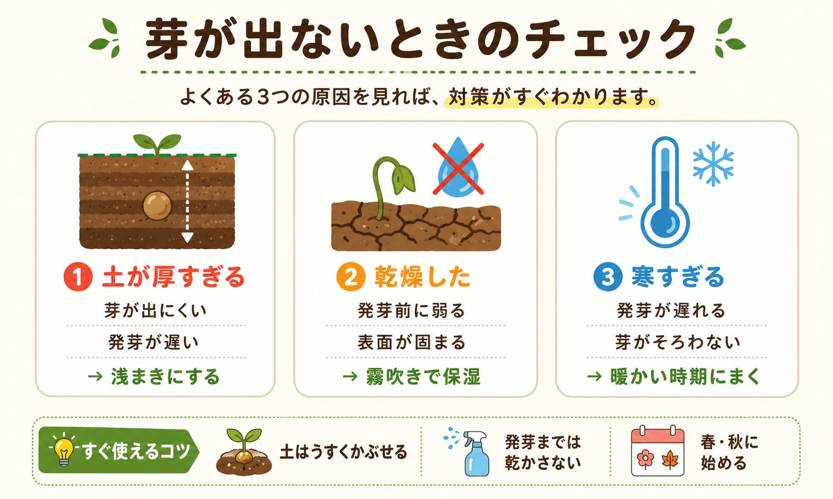 パクチーの種が発芽しない原因と対策をまとめた図解