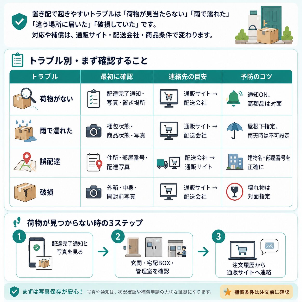 荷物がない、雨で濡れた、誤配達、破損した場合に確認することと連絡先の目安を説明する図