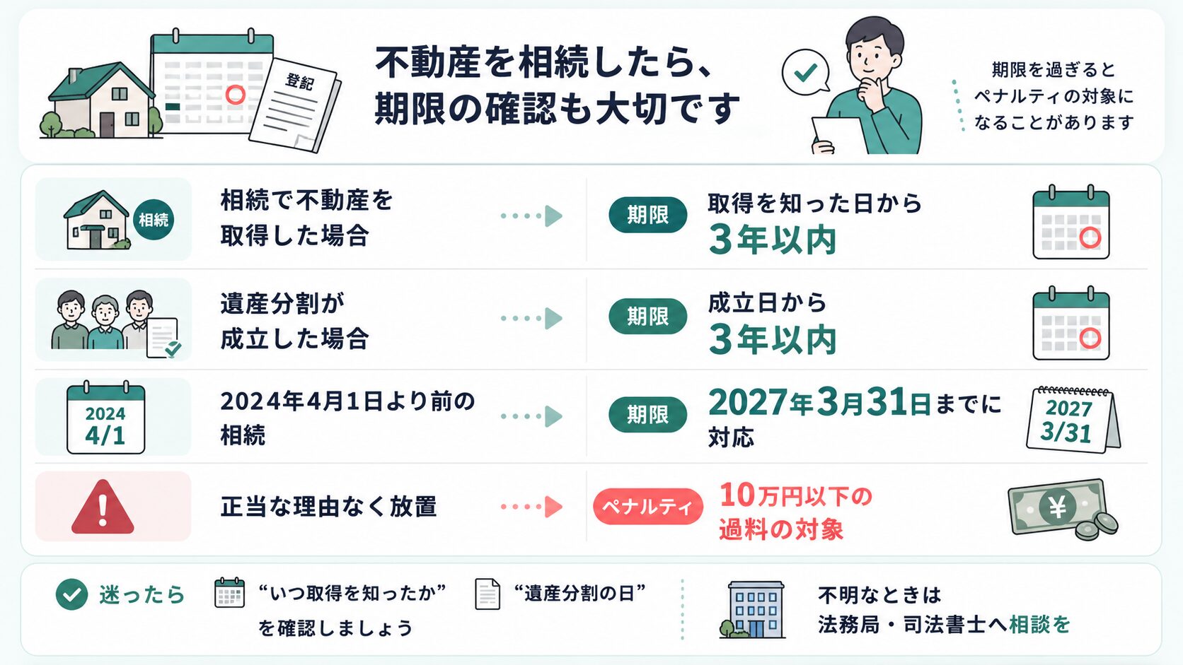 相続登記の期限を、相続で不動産を取得した場合、遺産分割が成立した場合、過去の相続の場合に分けて示した図解